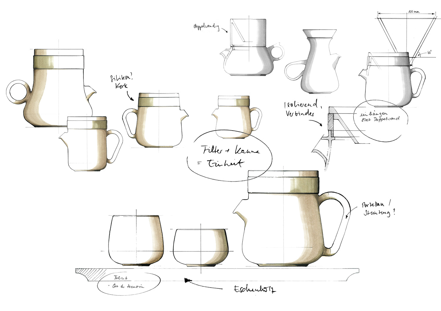 Produktentwicklung Happy Family Frido Filterkaffeekanne Zeichnungen 